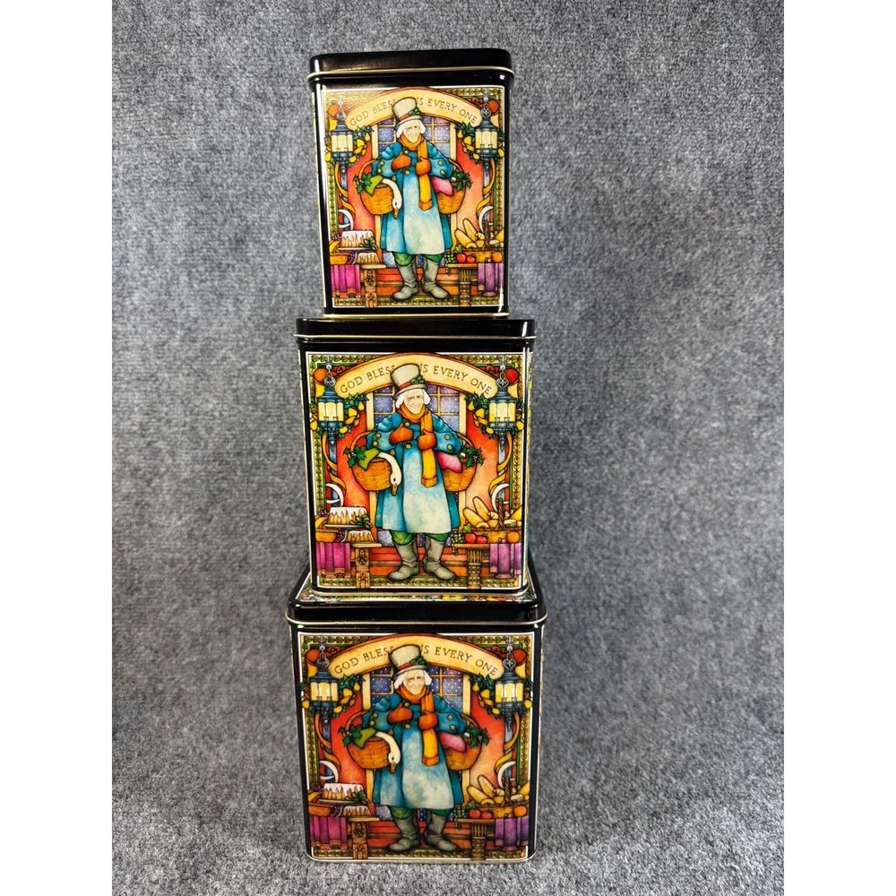 Vintage 1987 Enesco A Christmas Carol Stacking Nesting Tins Set of 3 Scrooge